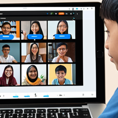 Home 7 **A vibrant online learning platform interface. Diverse students from Malaysia are engaging with video lessons on their laptops and tablets, discussing ideas in a virtual forum. Focus on a friendly and accessible design.**