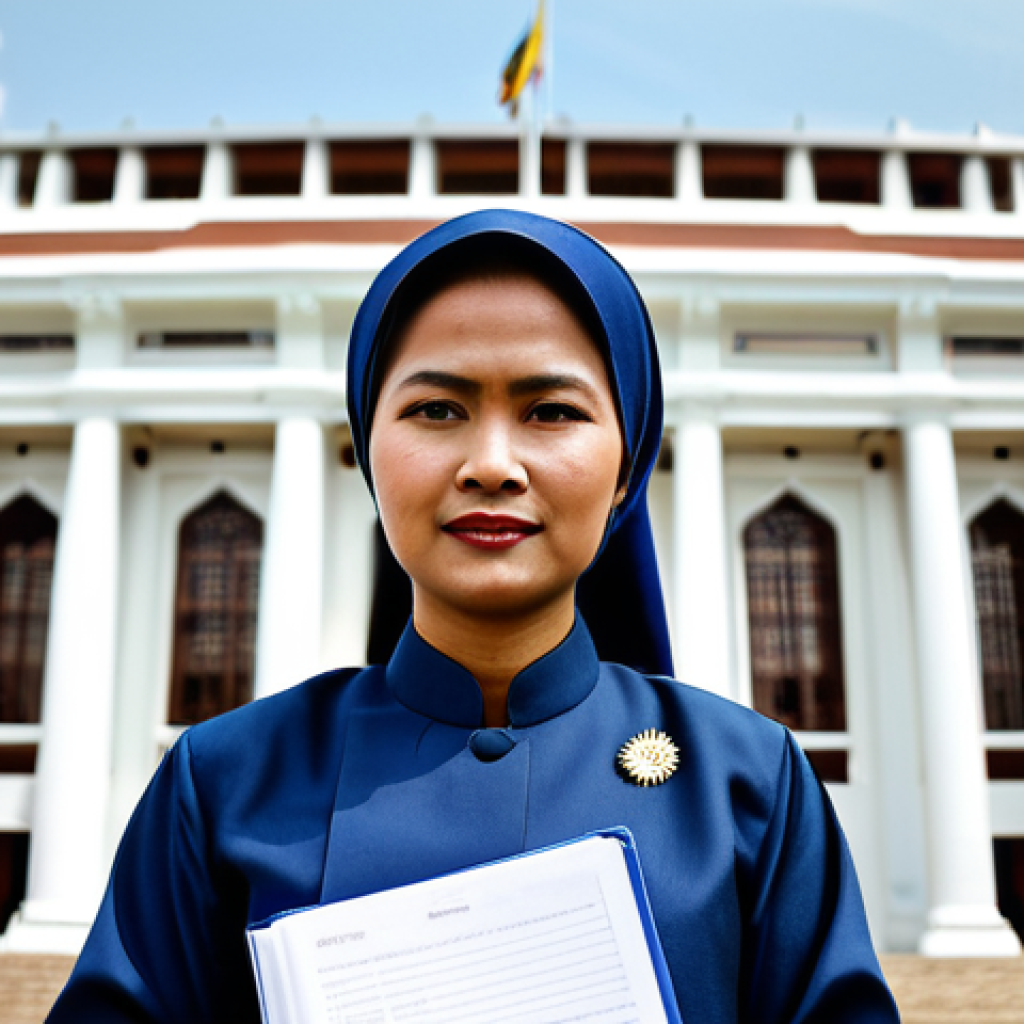 **
"A lawyer in a professional, fully clothed, modest baju kurung (traditional Malay dress) standing confidently in front of the Malaysian Parliament (Bangunan Parlimen Malaysia), Kuala Lumpur. She is holding a file, with a determined expression. The scene is bright and professional, safe for work, appropriate content, perfect anatomy, correct proportions, natural pose, well-formed hands, proper finger count, natural body proportions, professional photography, high quality."
**