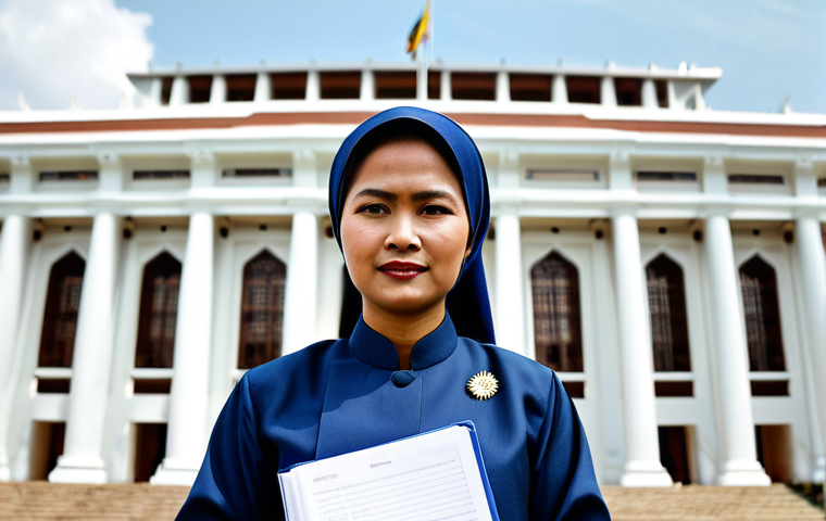 **
"A lawyer in a professional, fully clothed, modest baju kurung (traditional Malay dress) standing confidently in front of the Malaysian Parliament (Bangunan Parlimen Malaysia), Kuala Lumpur. She is holding a file, with a determined expression. The scene is bright and professional, safe for work, appropriate content, perfect anatomy, correct proportions, natural pose, well-formed hands, proper finger count, natural body proportions, professional photography, high quality."
**