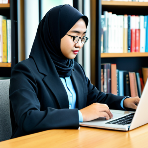 Home 23 온라인 지식 공유 플랫폼의 장단점 - **Subject:** A Malaysian student in a modest, professional outfit, studying at a desk with a laptop ...