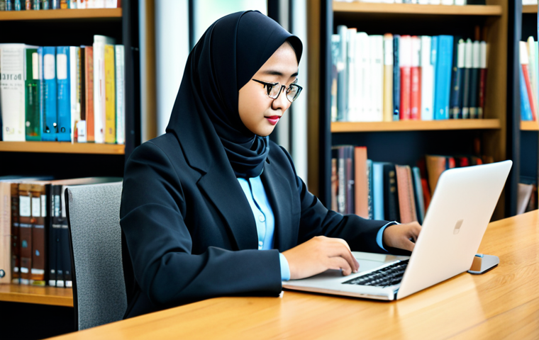 온라인 지식 공유 플랫폼의 장단점 - **Subject:** A Malaysian student in a modest, professional outfit, studying at a desk with a laptop ...