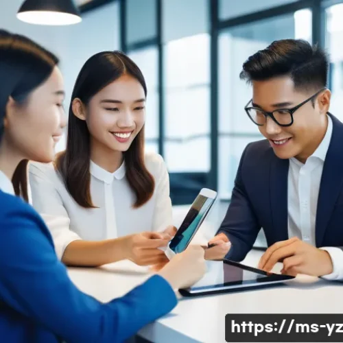 Home 8 성공적인 지식 공유 시스템의 특징 - A diverse group of Malaysian professionals, including men and women, actively engaging with a sleek,...